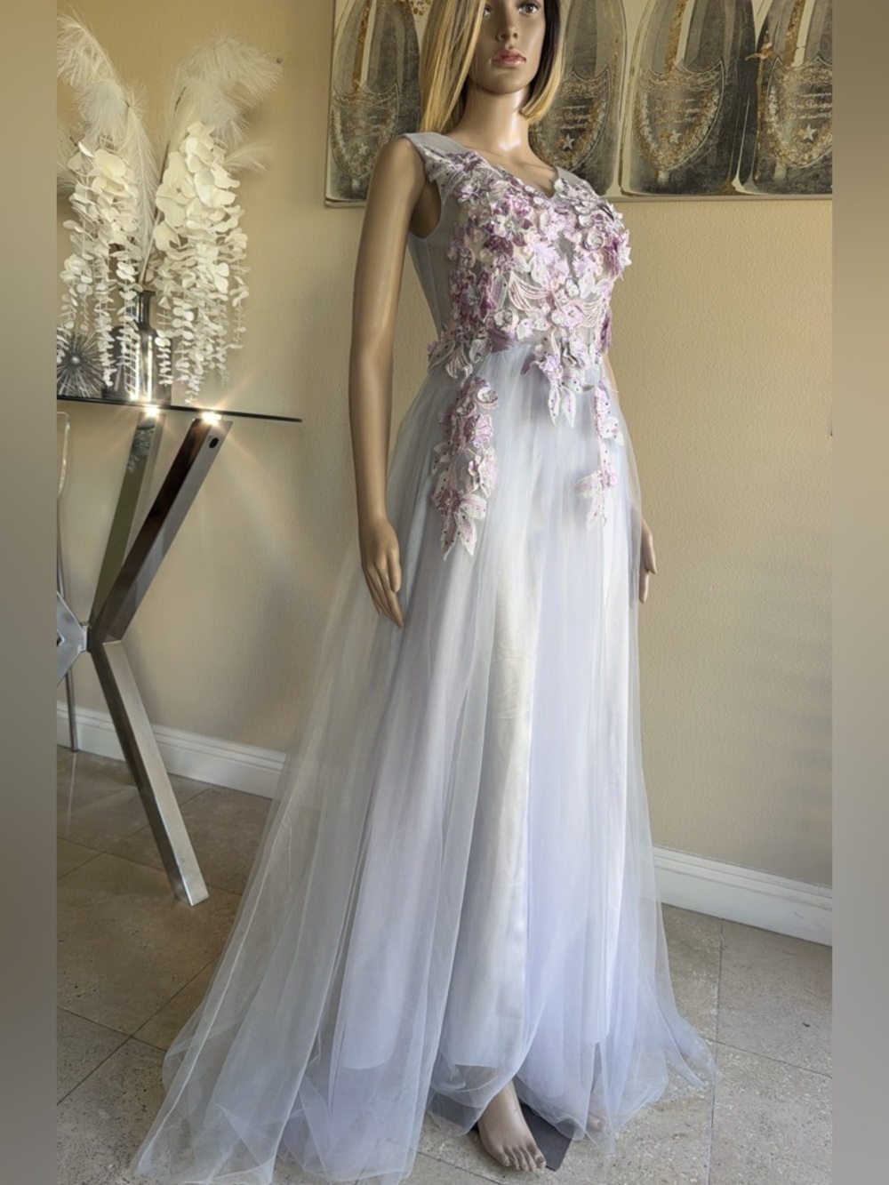 Ethereal Lavender Appliqué Tulle Sequins Evening Dress